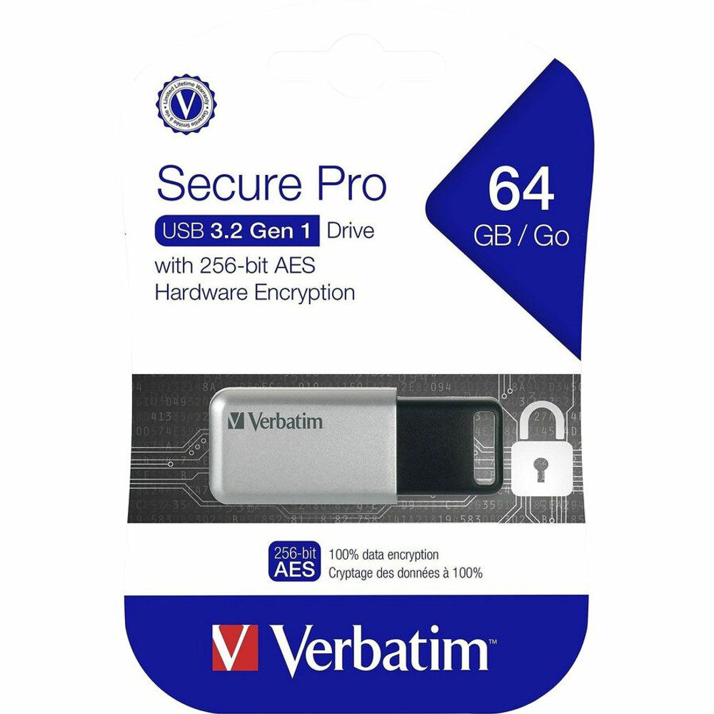 Verbatim America, LLC Verbatim 98666 Verbatim 64GB Store 'n' Go Secure Pro USB 3.0 Flash Drive with AES 256 Hardware Encryption - Silver