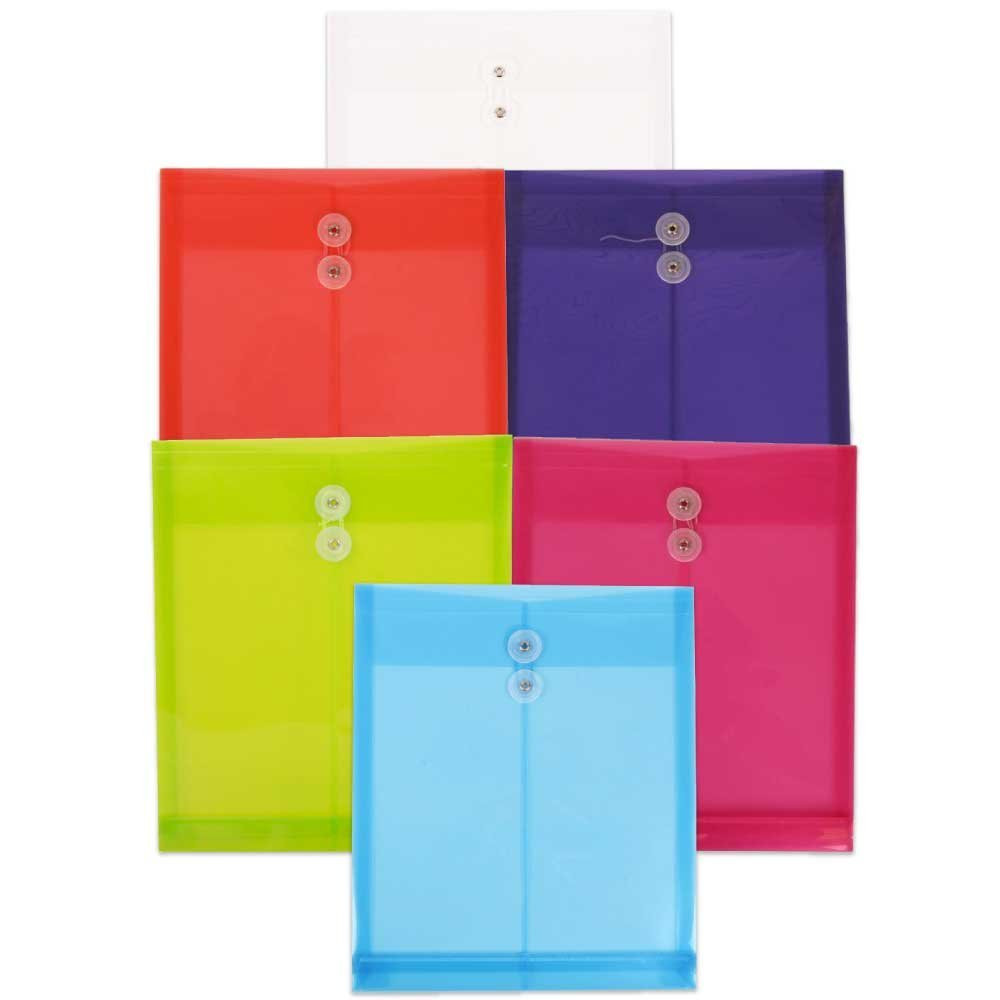 JAM PAPER AND ENVELOPE JAM Paper 118B1ASSRTDOD  Plastic Open-End Envelopes, Letter, 11-3/4in x 9-3/4in, With Button & String Closure, Assorted Colors, Pack Of 6 Envelopes