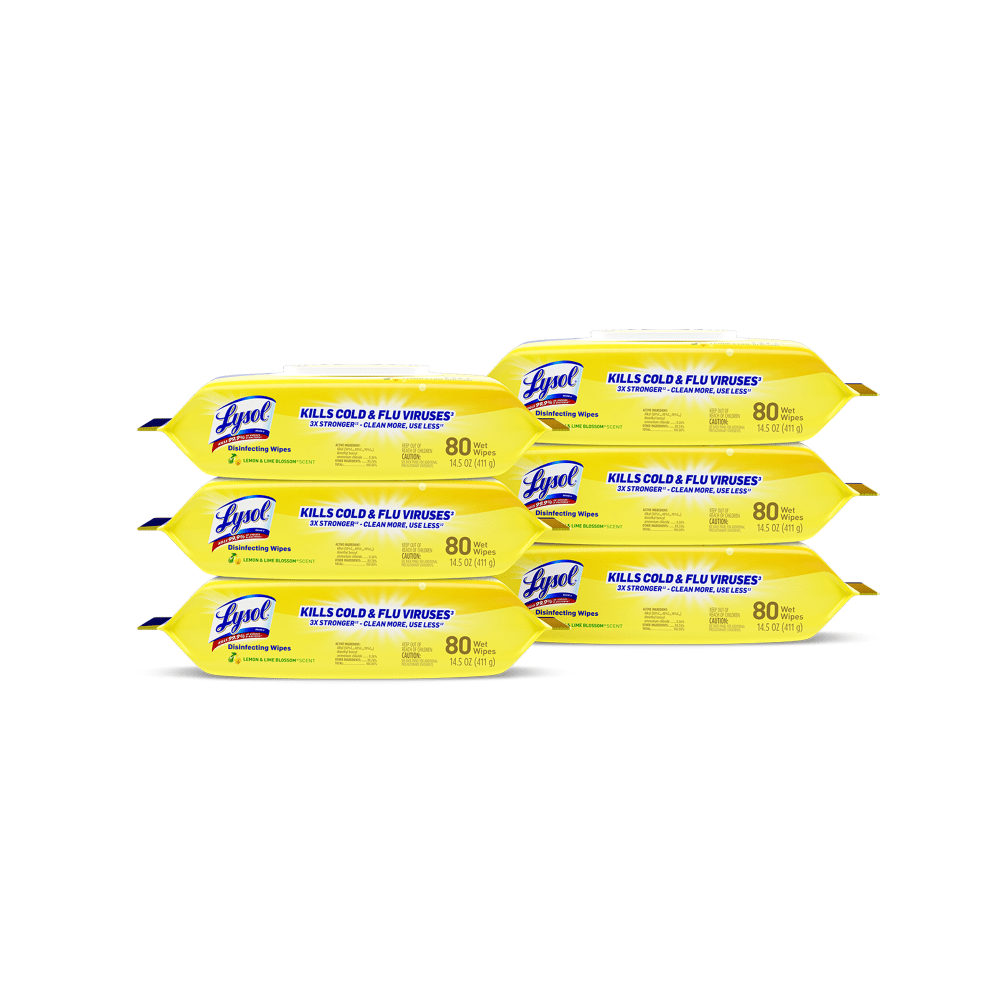 RECKITT BENCKISER Lysol 19200-99716  Disinfecting Wipes, Lemon And Lime Blossom, 7in x 8in, 17.7 Oz, 80 Wipes Per Flat Pack, Carton Of 6 Flat Packs