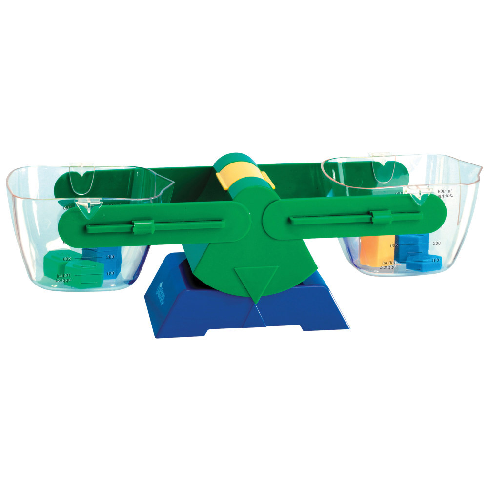 Students learn weight and measurement hands on with this super-durable plastic balance.  Removable, easy-to-grip, clear 1/2 liter buckets make it easy for small hands to pour and measure.  Compensator with sensitivity to one gram.  Measures 16inL x 5.75inW x 5inH.