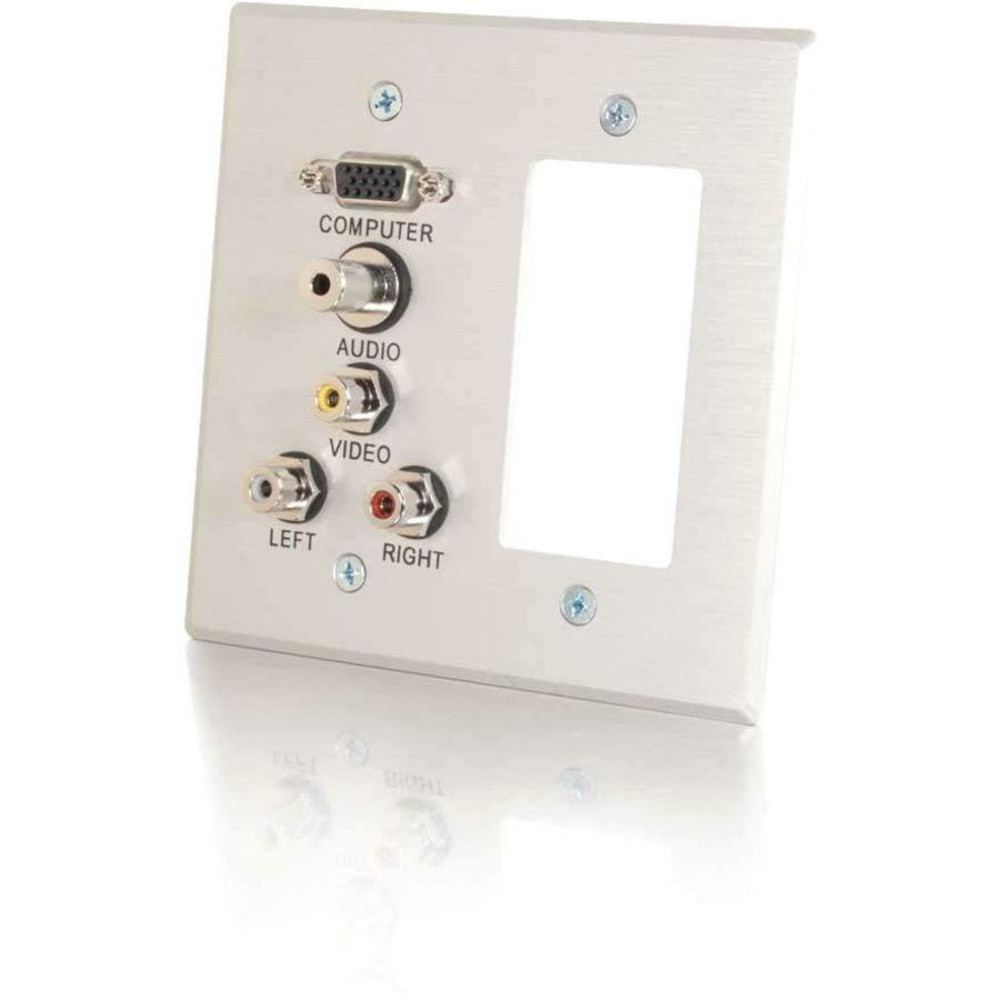 LASTAR INC. 41027 C2G VGA, 3.5mm Audio, Composite Video and RCA Stereo Audio Pass Through Double Gang Wall Plate with One Decorative Style Cutout - Brushed Aluminum - Mounting plate - HD-15, RCA X 3, mini-phone stereo 3.5 mm - brushed aluminum - 2-ga