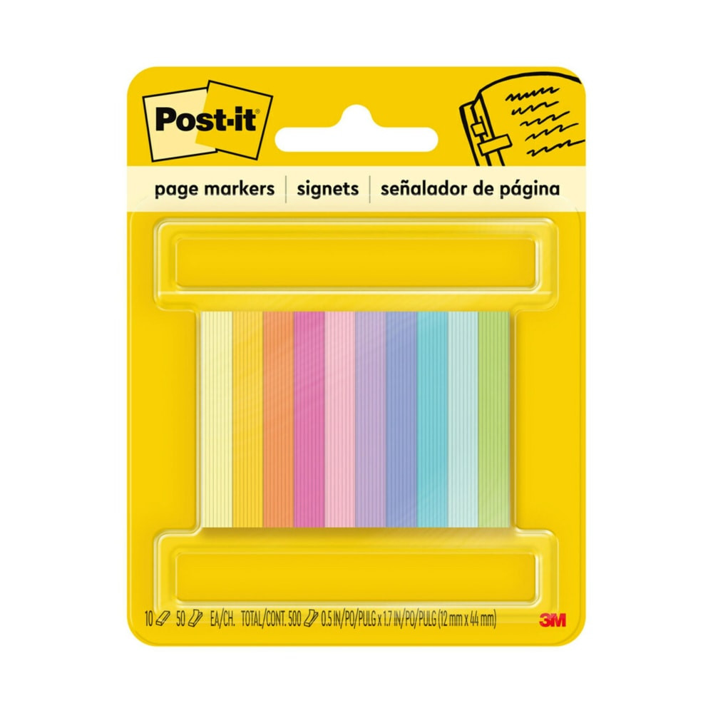 3M CO 670-10AB Post-it Page Markers, .5 in. x 1.75 in., 10 Pads/50 Markers/Pad, Assorted Bright Colors, Back to School Supplies for Students, Page Markers for Textbooks and Notebooks