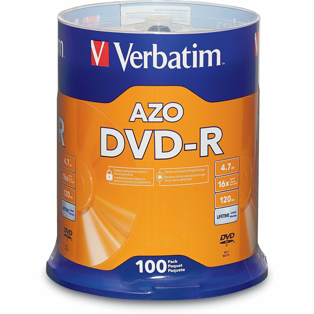 Verbatim America, LLC Verbatim 95102 Verbatim 95102 DVD Recordable Media - DVD-R - 16x - 4.70 GB - 100 Pack Spindle