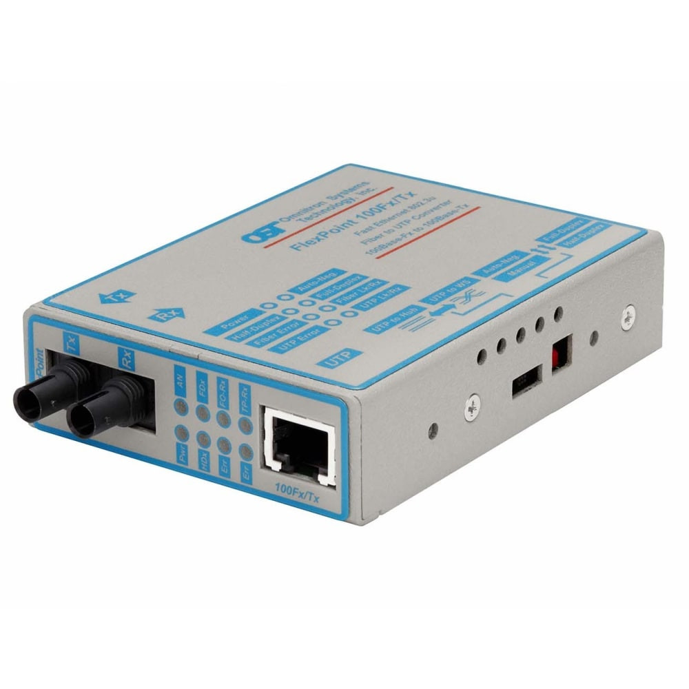 OMNITRON SYSTEMS TECHNOLOGY, INC. Omnitron 4332-1W  FlexPoint 100Mbps Ethernet Fiber Media Converter RJ45 ST Multimode 5km Wide Temp - 1 x 100BASE-TX; 1 x 100BASE-FX; US AC Powered; Lifetime Warranty