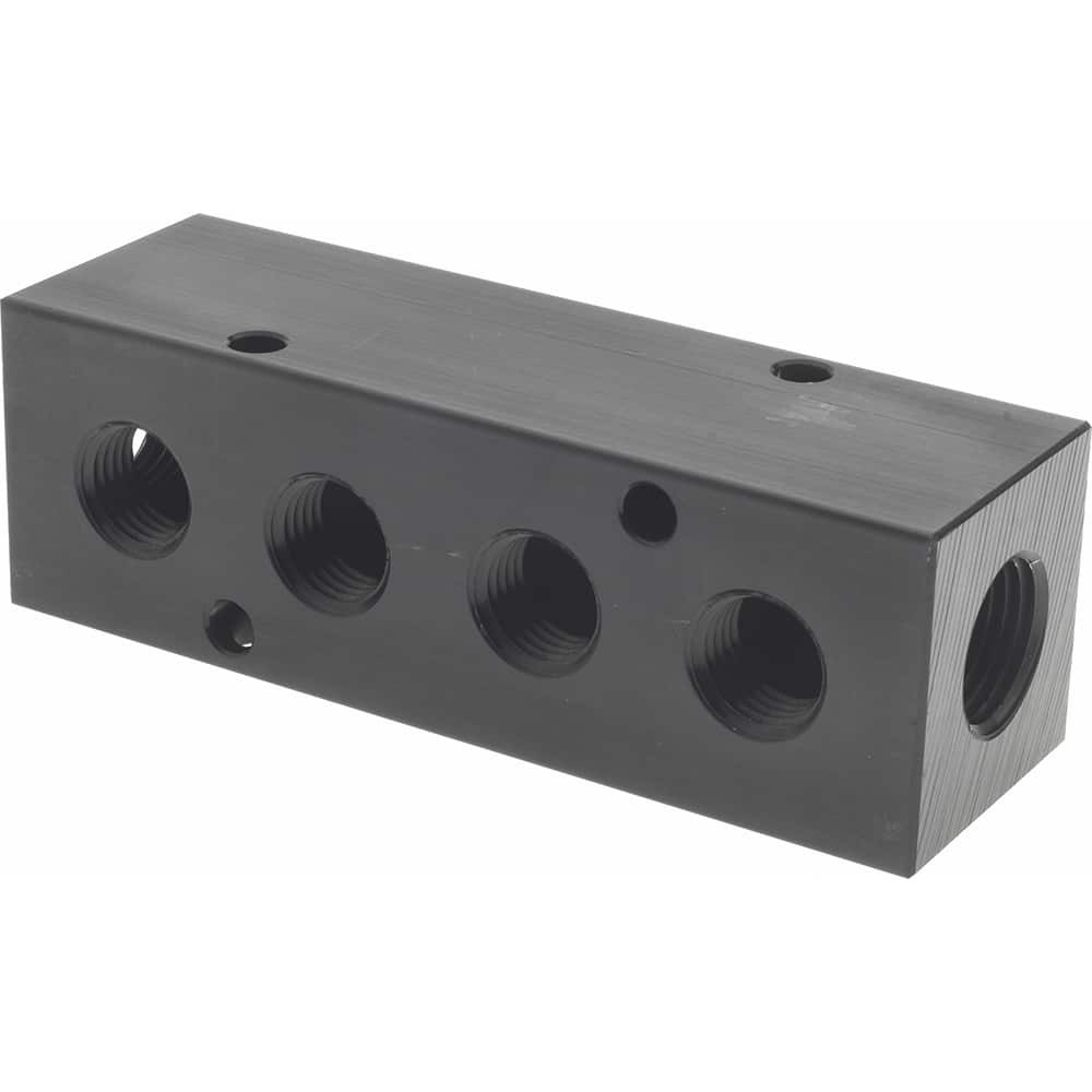 MSC PCM20-250-04B Manifold: 3/8" Inlet, 1/4" Outlet, 2 Inlet Ports, 4 Outlet Ports, 4.12" OAL, 1.25" OAW, 1-1/4" OAH