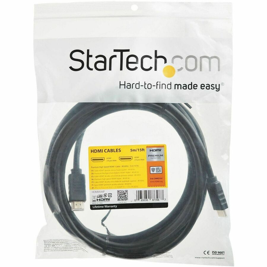 StarTech.com HDMM5MP StarTech.com 15ft (5m) Premium Certified HDMI 2.0 Cable with Ethernet, High Speed Ultra HD 4K 60Hz HDMI Cable HDR10, UHD HDMI Monitor Cord