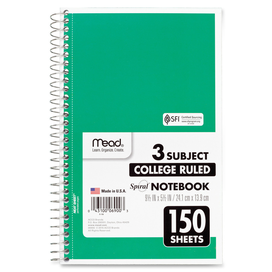 ACCO Brands Corporation Mead 06900 Mead 3-Subject Wirebound College Rule Notebook