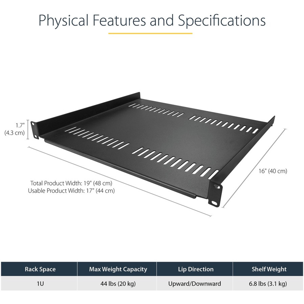 StarTech.com CABSHELF116V StarTech.com 1U Vented Server Rack Cabinet Shelf - Fixed 16" Deep Cantilever Rackmount Tray for 19" Data/AV/Network Enclosure w/Cage Nuts