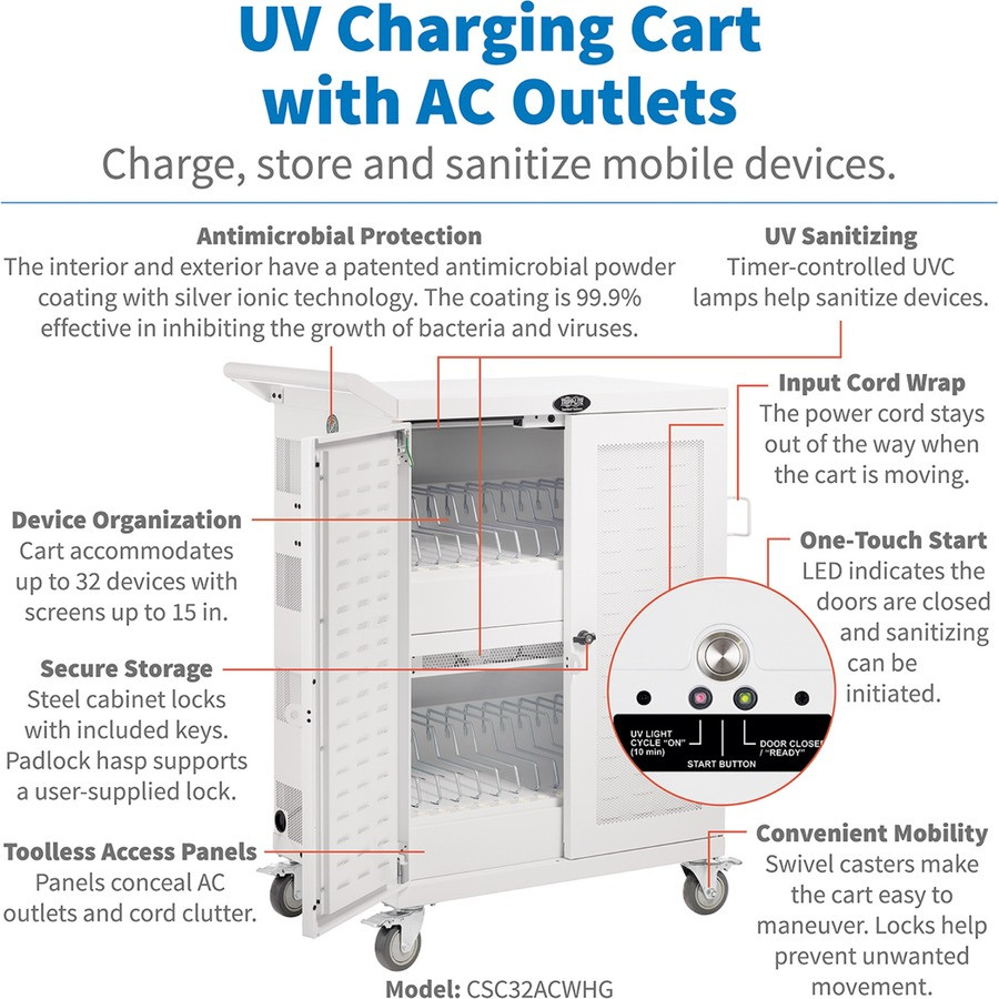 Tripp Lite by Eaton CSC32ACWHG Tripp Lite by Eaton Safe-IT Multi-Device UV Charging Cart, Hospital-Grade, 32 AC Outlets, Laptops, Chromebooks, Antimicrobial, White