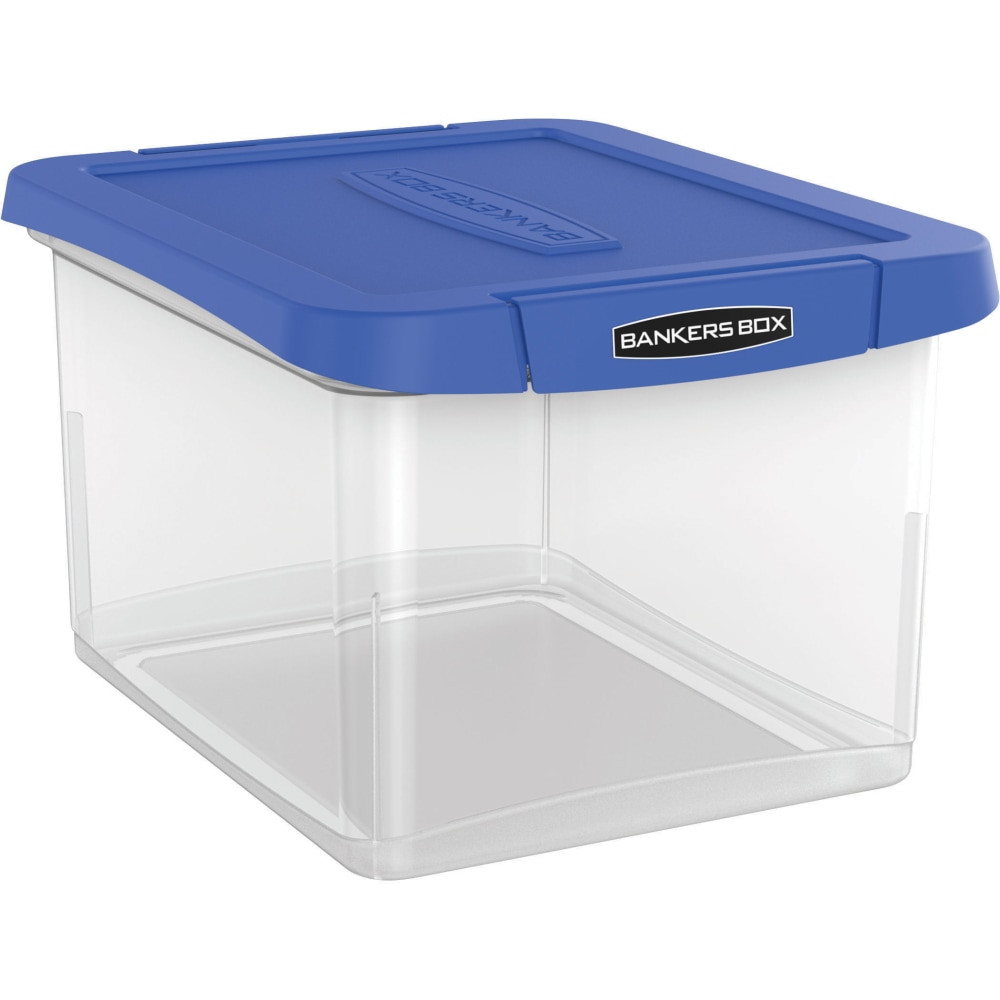 FELLOWES INC. 0086201 Bankers Box Heavy-Duty Portable Storage File Box, Letter/Legal Size, 10 5/8in x 14 3/16in x 17 3/8in, Clear/Blue