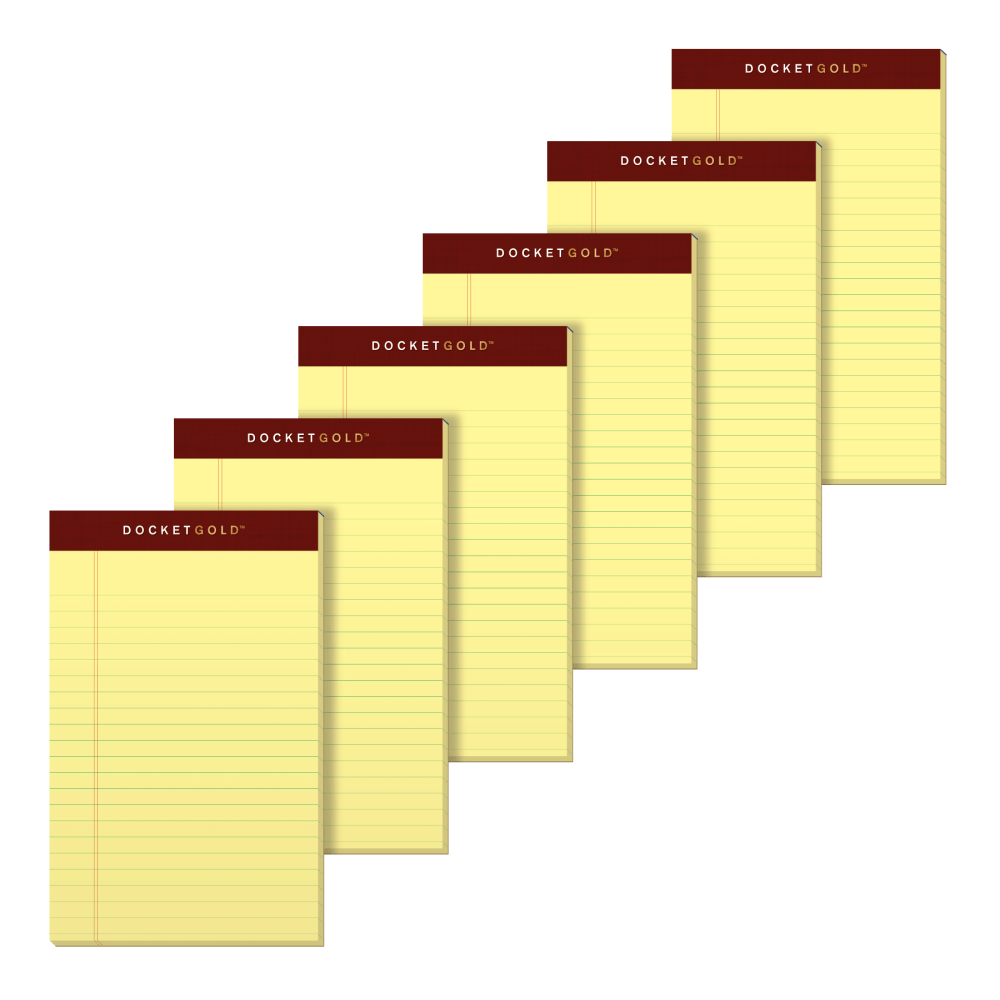 TOPS BUSINESS FORMS 99704 TOPS Docket Gold Premium Writing Pads, 5in x 8in, Jr. Legal Rule, Canary, 50 Sheets Per Pad, Pack Of 6 Pads