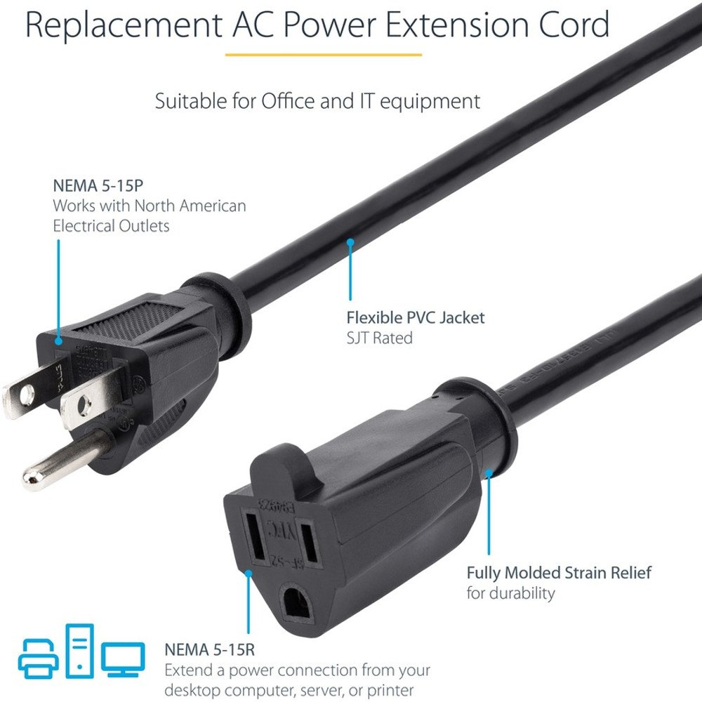 StarTech.com PAC10120 StarTech.com 20ft (6m) Power Extension Cord, NEMA5-15R to NEMA5-15P Black Extension Cord, 13A 125V, 16AWG, Computer Power Extension Cable