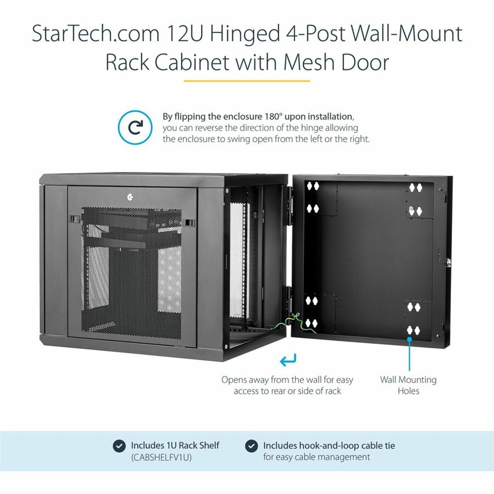 StarTech.com RK1232WALHM StarTech.com 4-Post 12U Wall Mount Network Cabinet, 19" Hinged Wall-Mounted Server Rack for IT Equipment, Flexible Lockable Rack Enclosure