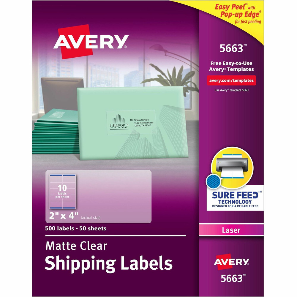 Avery Avery&reg; 5663 Avery&reg; Clear Shipping Labels, Sure Feed, 2" x 4" , 500 Labels (5663)