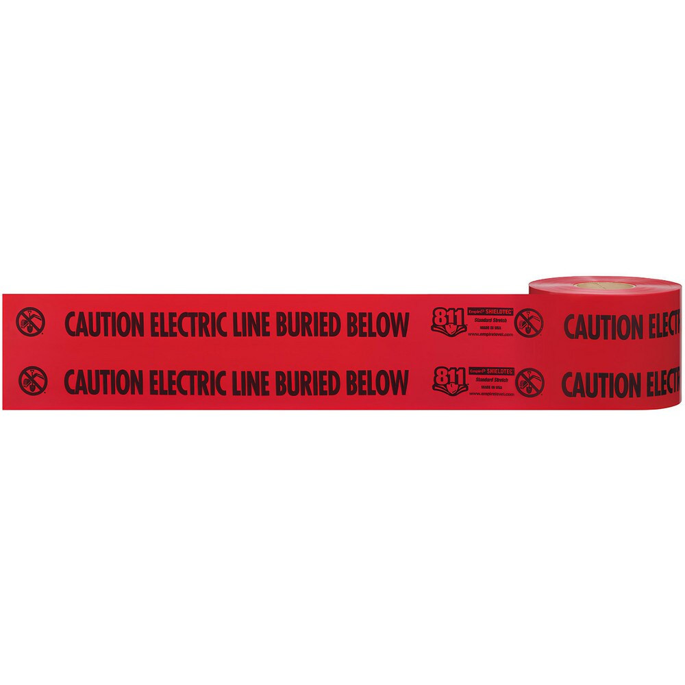 Empire Level 22-130 Underground Utility Marking Tape; Tape Type: Detectable ; APWA Color Meaning: Electric Power Lines, Cables, Conduit & Lighting Cables ; Legend Color: Red ; Legend: CAUTION ELECTRIC LINE BURIED BELOW ; Roll Width: 6 ; Roll Length (