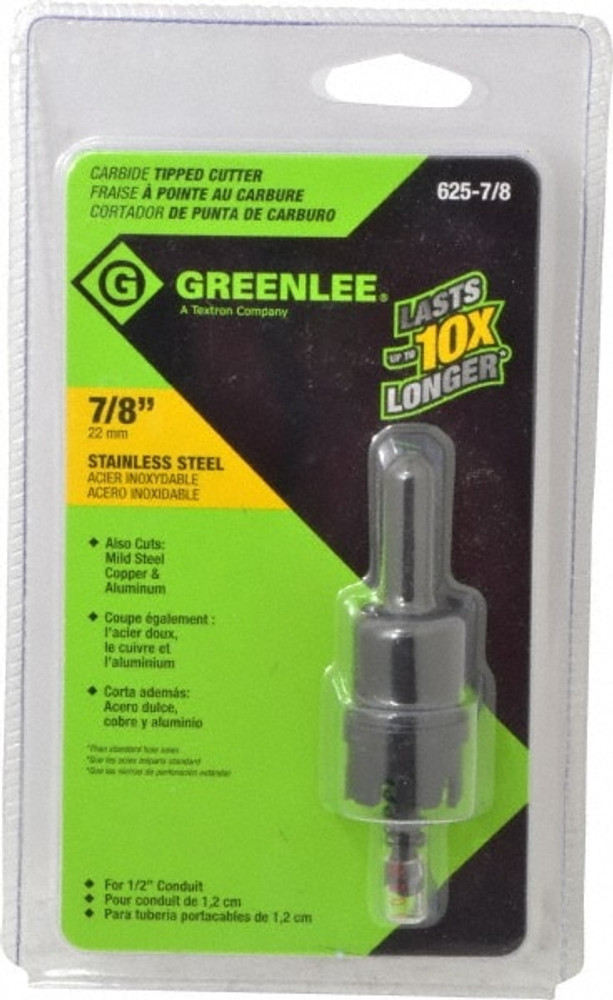 Greenlee 625-7/8 Hole Saws; Saw Diameter (Inch): 7/8 ; Saw Material: Tungsten Carbide ; Cutting Depth (Inch): 11/64 ; Cutting Depth (mm): 4.00 ; Cutting Depth (Decimal Inch): 0.1640