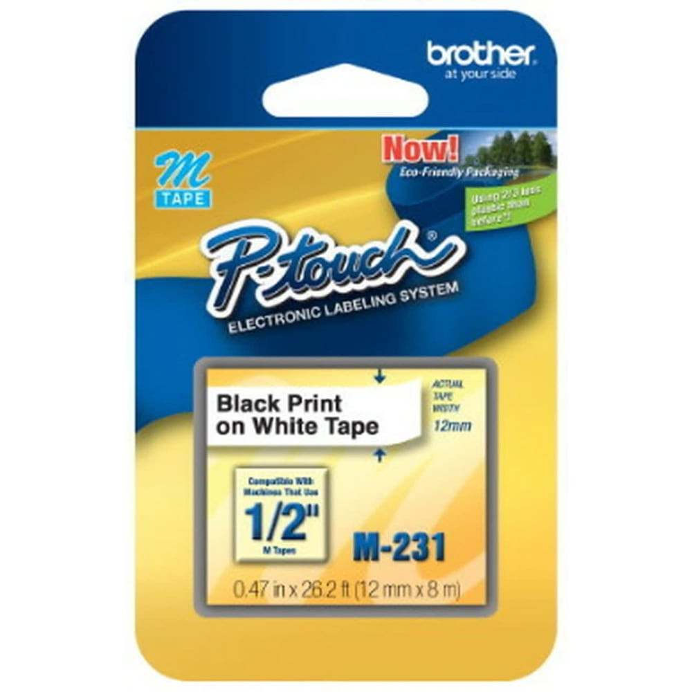 When you are ready to replace the tape in your Brother label maker, Brother M-231 12mm tape is an excellent choice for many tasks. For quality labels that provide clear, sharp information, M-231 tape by Brother delivers.  Black on White; 1 Each  Nonlaminated, adhesive-backed; for indoor and light use  Use with Brother P-touch label printers  12mm (8/17in) Width x 26-1/5ft Length  Create labels for home, home office, school or hobbies  Compatible with Brother P-Touch PT-100, PT-110, PT-70, PT-80 and PT-85 models.  Brother M-231 black-on-white tape allows you to create bold, easy-to-read labels. For quality labeling of your files, folders, accessories and more.  Nonlaminated tapes are ideal for indoor/light use. Choose Brother tape (M-231) for a wide array of needs.  Conveniently extend the life of your labeler.