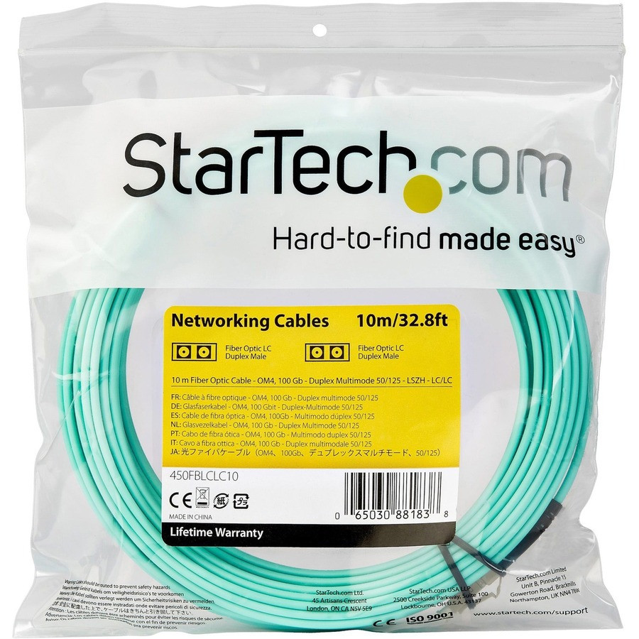 StarTech.com 450FBLCLC10 StarTech.com 10m (30ft) LC/UPC to LC/UPC OM4 Multimode Fiber Optic Cable, 50/125&micro;m LOMMF/VCSEL Zipcord Fiber, 100G, LSZH Fiber Patch Cord