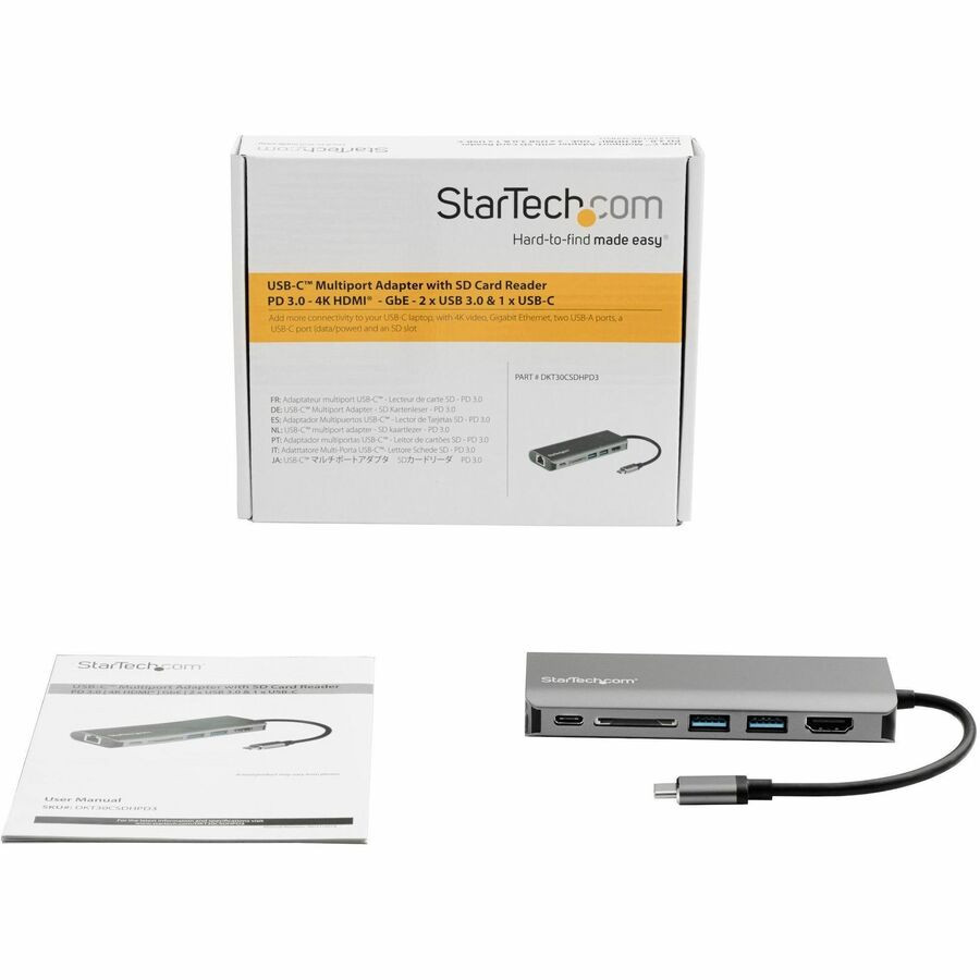 StarTech.com DKT30CSDHPD3 StarTech.com USB C Multiport Adapter - USB Type-C Travel Dock to 4K HDMI, 3x USB Hub, SD, GbE, 60W PD 3.0 Pass-Through - Mini Laptop Dock