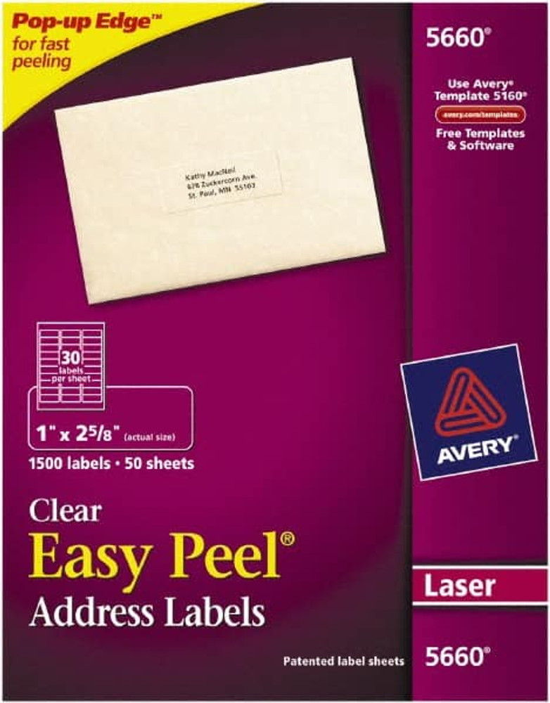 AVERY 05660 Label Maker Label: Clear, Paper, 2-5/8" OAL, 1" OAW, 1,500 per Roll