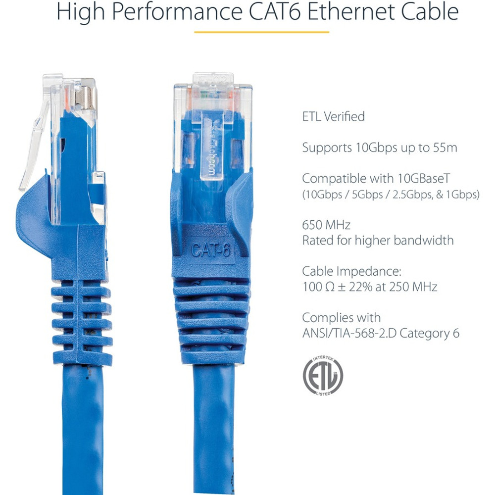 StarTech.com N6PATCH100BL StarTech.com 100ft CAT6 Ethernet Cable - Blue Snagless Gigabit - 100W PoE UTP 650MHz Category 6 Patch Cord UL Certified Wiring/TIA