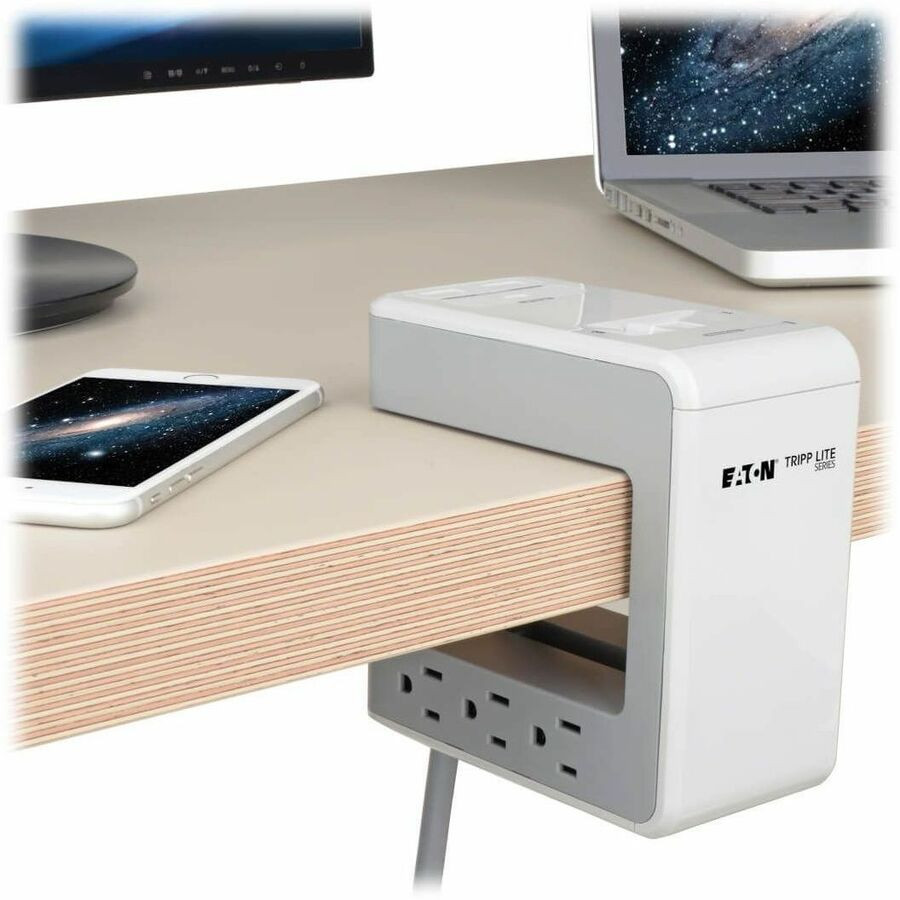 Tripp Lite by Eaton Tripp Lite series TLP648USBC Eaton Tripp Lite Series 6-Outlet Surge Protector w/2 USB-A (4.8A Shared) & 1 USB-C (3A) - 8 ft. (2.43 m) Cord, 1080 Joules, Desk Clamp