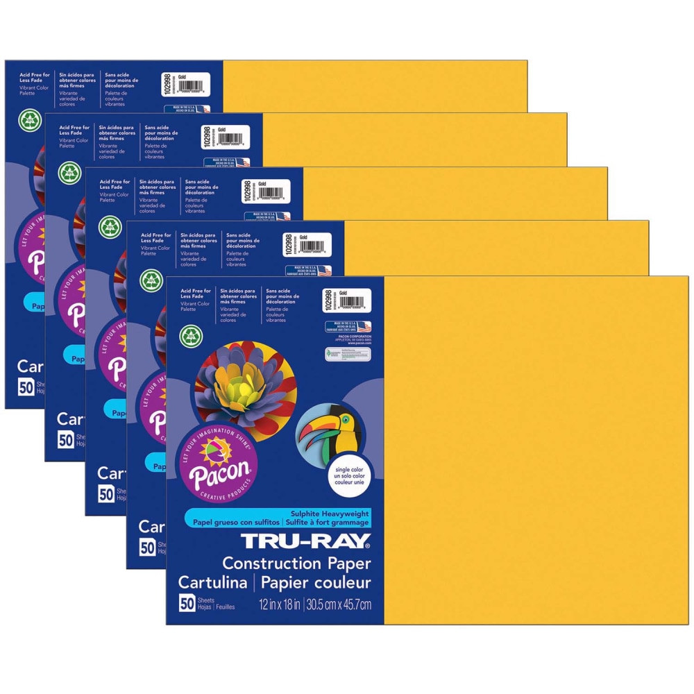EDUCATORS RESOURCE Pacon PAC102998-5  Tru-Ray Construction Paper, 12in x 18in, Gold, 50 Sheets Per Pack, Set Of 5 Packs