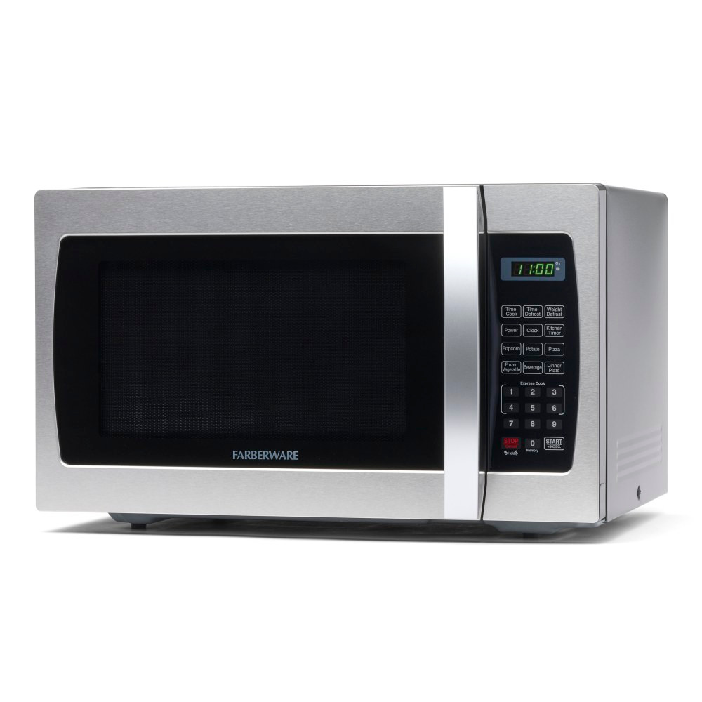 Easily cook, reheat or defrost foods in the Farberware Professional 1.3 Cu Ft Countertop Microwave Oven. This sleek stainless-steel and black design comes with 10 cooking levels with different functions for foods like popcorn, pizza, beverages, frozen vegetables and dinner plates to fully customize cooking to your needs. With express cooking times, you will have ease in the kitchen while adding time efficiently with the +30 sec. button.  Sized to fit your kitchen counter with 1.3 cu ft of cooking capacity.  10 different cooking levels to customize cooking experience.  Memory function stores settings to call up for future meals.  Comes with six 1-touch cooking functions for popcorn, potatoes, pizza, frozen vegetables, beverages or a dinner plate.  Express cooking time of 1 to 6 minutes and +30 sec. button to quickly add time to cooking.  Defrost-by-weight or time allows you to plan for family meals and time defrosting accordingly.  Backed by manufacturers 1-year limited warranty.