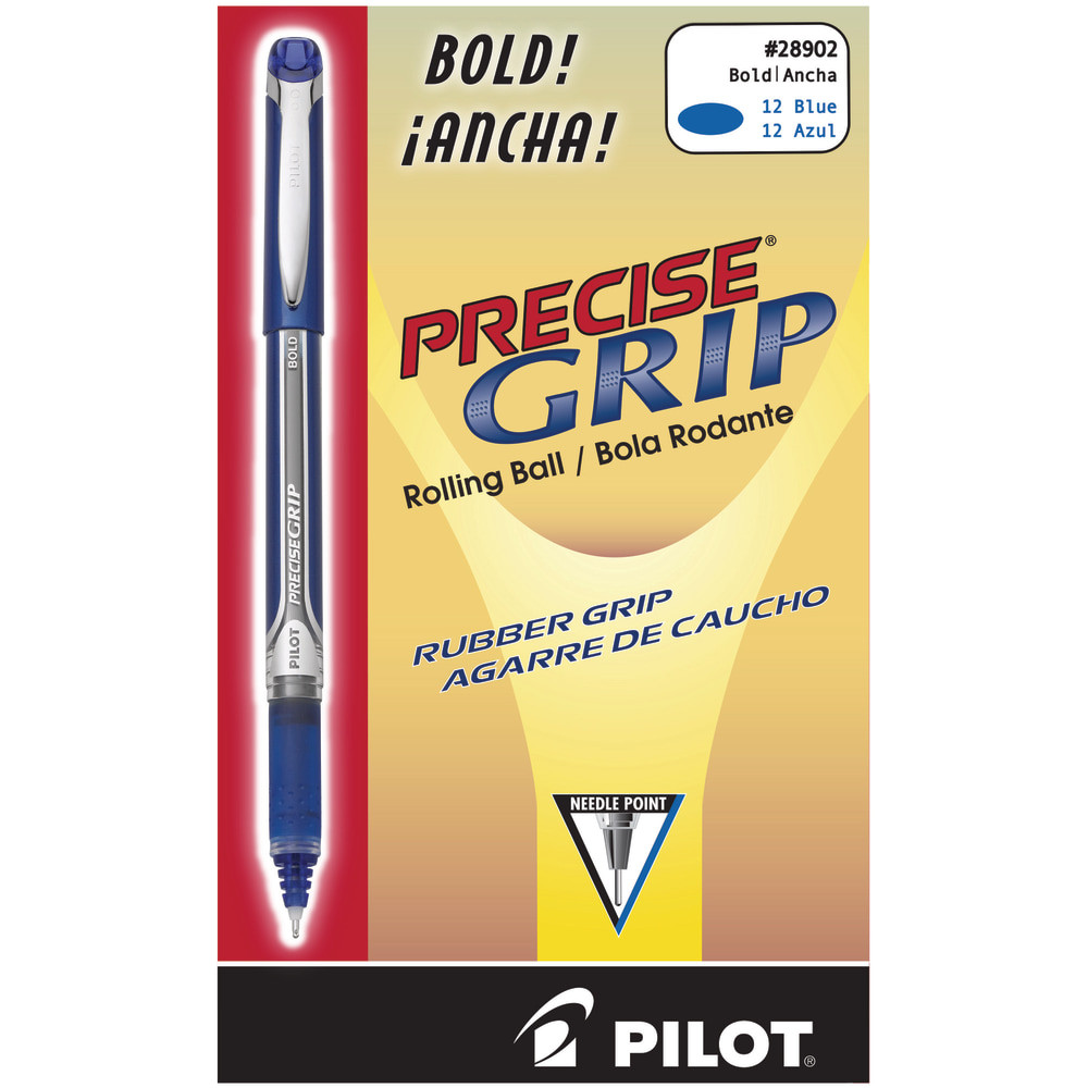 Extended conference calls and classes can make taking notes uncomfortable. These Pilot pens have a dimpled rubber grip that provides exceptional comfort and control during a long meeting, so your notes stay neat and legible when you review them later on.  Precise Grip pens have a pocketed grip that helps you write longer. Write in comfort for hours - with no aching or redness! The textured rubber grip prevents slippage while providing pinpoint writing control.  Liquid ink is water- and fade-resistant. Feel safe using it on your most valuable documents - from scrapbooks to checks!  Nonrefillable.  1.0 mm point for bold, confident strokes. Bold point glides evenly across the page for smooth penmanship.  Liquid ink, blue metallic barrel pens are a great choice for use at school, in the office or at home.