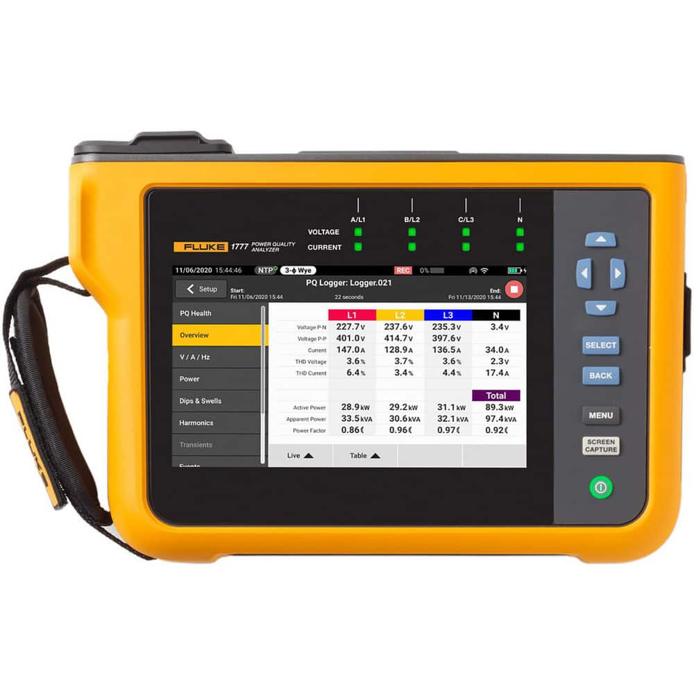 Fluke FLUKE-1777/FPC Power Meters; Meter Type: Power Quality Analyzer ; Application: Measures Power and Power Quality Parameters ; Maximum Current Capability (A): 1500.00 ; Maximum Solar Power Measurement: 100 V ; Power Factor: 0 ; Peak Capture: No