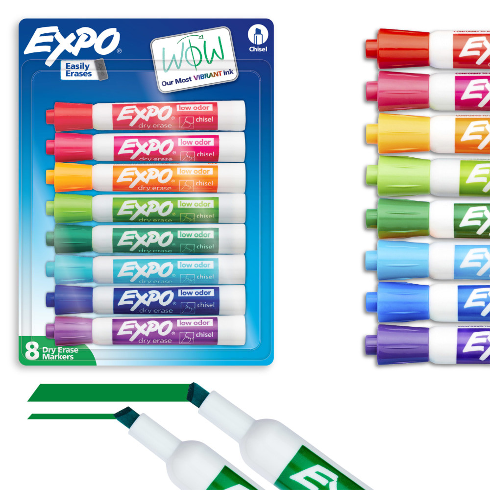 Capture ideas, share information, and organize life with vivid EXPO Dry Erase Markers! Now more vibrant than ever, this collection of EXPO markers helps everything come across clearly-from big ideas to fine details.  Dry erase markers with the most vibrant ink yet from EXPO  Vibrant ink makes it easier to read information from a distance  Made for the whiteboard and beyond, writing pops on most non-porous surfaces like glass, acrylic, and more!  Easily and cleanly erases with an EXPO eraser or dry cloth  Versatile chisel tip creates multiple line widths  ACMI Certified AP Nontoxic. For detailed information see www.acmiart.org.  Less harsh chemicals - made with fewer harsh chemicals, or safer chemicals than typical alternatives, helping  reduce your use of and exposure to substances that may be more harmful to your health and the environment.