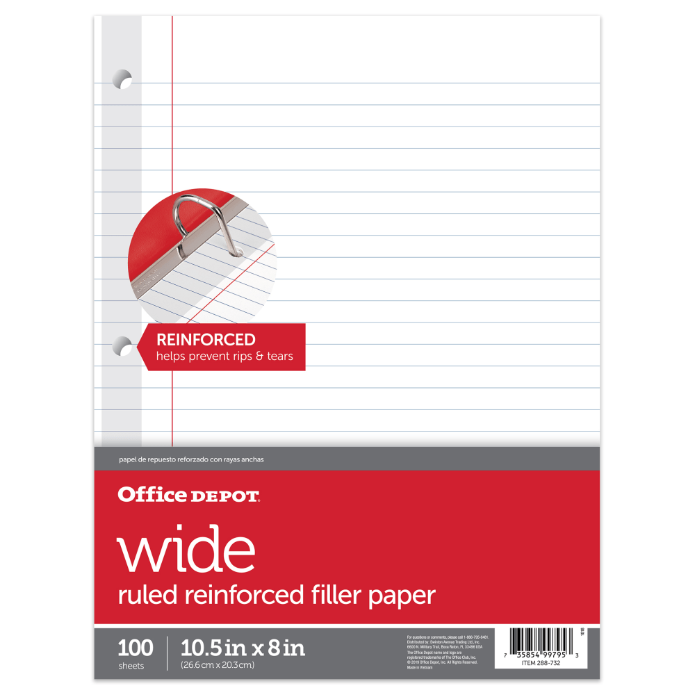3-hole-punched Office Depot Brand filler paper will help you keep your binder continuously filled. The reinforced strips on the left margins prevent wear and tear because they allow easy addition and removal.  16-lb paper is great for filling your binder.  3-hole punched to fit in most standard binders.  Clear, reinforced strip on the left side stands up to frequent addition and removal.  Comes in a moisture-resistant poly wrap.  White filler paper comes in a pack of 100.  Reinforced wide-ruled paper lets you jot down notes with ease.