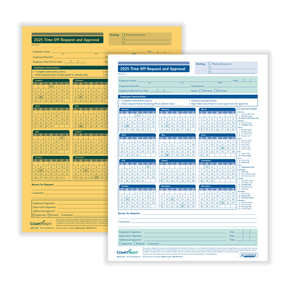 TAX FORMS PRINTING, INC. A0030 ComplyRight 2024 Time Off Request And Approval Forms, 2-Part, 8 1/2in x 11in, White, Pack Of 50