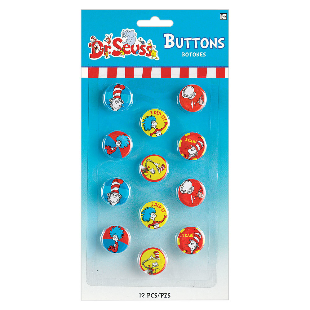 PARTY CITY CORPORATION 849151 Amscan Dr. Seuss Buttons, 1-3/4in x 1-3/4in, Multicolor, 12 Buttons Per Pack, Set Of 2 Packs