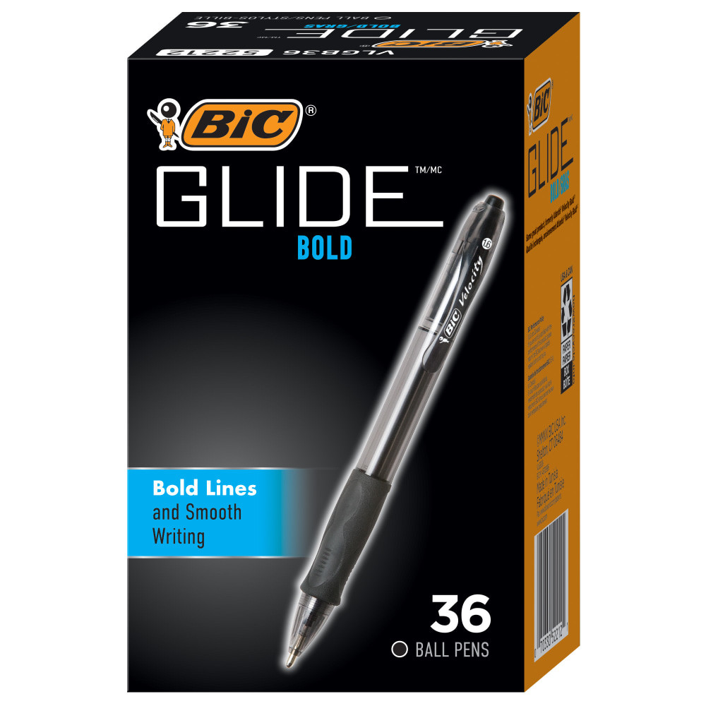 BIC CORP BIC VLGB361-BLK  Glide Bold Ballpoint Pens, Bold Point, 1.6 mm, Translucent Barrel, Black Ink, Pack Of 36