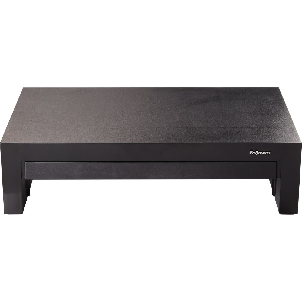 Sliding drawer lets you easily access items  Supports monitors up to 21in or weighing up to 40 lb.  Height adjusts up to 1 5/8in, between 4 3/8in and 6in for customizable viewing. Offers 3 height adjustments to prevent neck and shoulder strain.  Organize essential items in the storage tray, including pens and paper clips. Tray stows away to create a clean, tidy workspace.