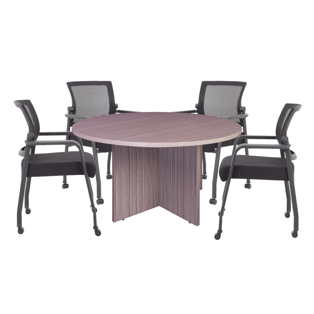 NORSTAR OFFICE PRODUCTS INC. Boss GROUP123DW-B  Office Products 47in Round Table And Mesh Guest Chairs With Casters Set, Driftwood/Black