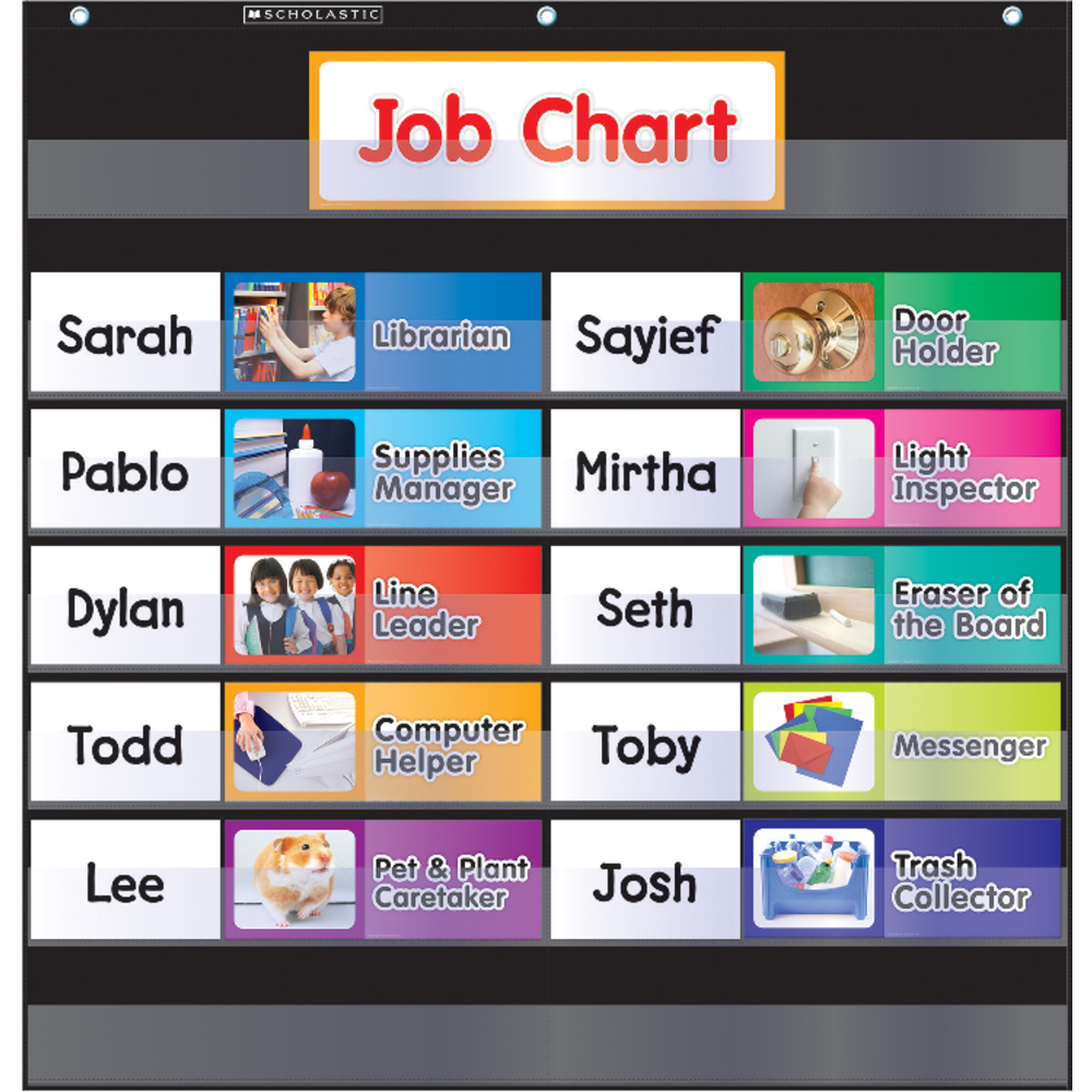 SCHOLASTIC INC 978-0-545-83864-1 Scholastic Teacher Resources Pocket Chart, Class Jobs, 26 1/2in x 27 1/2in, Black, Kindergarten to Grade 5