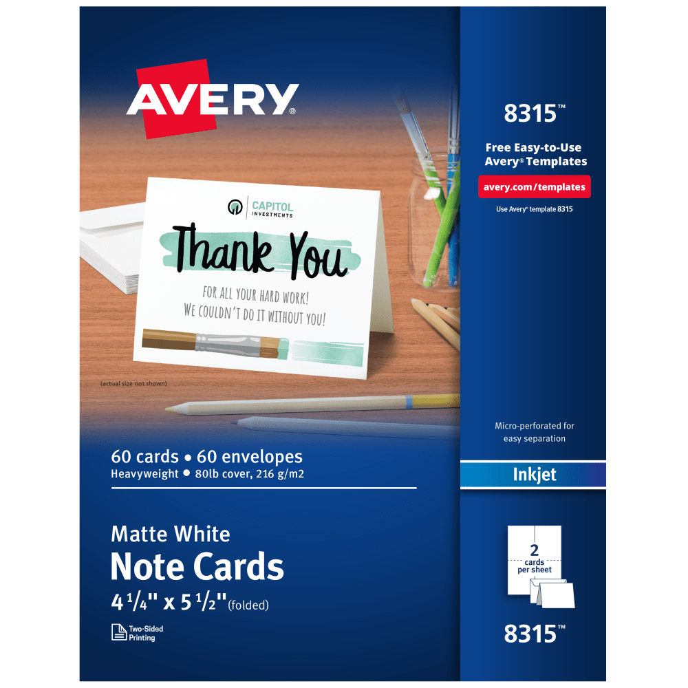 Avery Note Cards makes it so easy to create your own personalized greeting cards, party invitations, and business marketing collateral that you will wonder why you havenT been doing it all along. Crafted from 80 lbs / 216 gsm heavyweight cardstock, each sheet comes micro-perforated and scored for smooth-edged 4.25in x 5.5in note cards that are easy to separate and fold. For added value, this pack of 60 cards also includes 60 envelopes.  Easily customize your own invitations, personalized stationery, note cards, thank you cards, birthday cards and more with templates and designs with Avery Design & Print Online.  Enjoy a clean, professional finish from customizable cards that are pre-scored for easy folding and feature precise cuts designed for clean, smooth edges.  Print beautiful, double-sided designs on premium printable cardstock paper with a weight of 80 lbs / 216 gsm.  Each sheet of printable cardstock is optimized for inkjet printers, resulting in crisp text, vivid images and smudge-free printing.  Item includes 30 printable sheets with a total of 60 4.25in x 5.5in blank note cards and 60 envelopes perfect for holiday cards, greeting cards, save the dates and more.  Forest Stewardship Council (FSC) certified - made from wood/paper that comes from forests managed to rigorous environmental and social standards, supported by the worlds leading conservation organizations.  Leadership forestry - from forests or sourcing programs that meet specific environmental standards, helping you support practices that better protect forests and the environment.