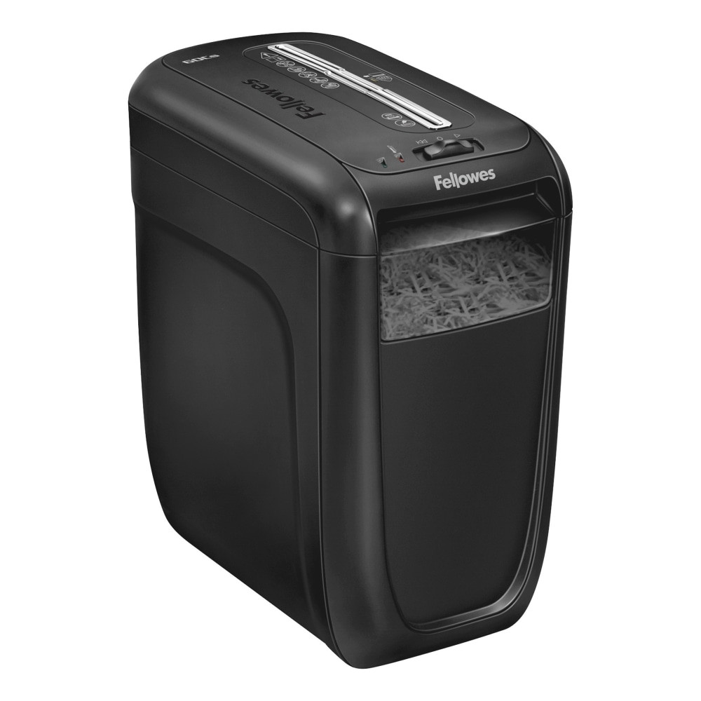 The space-saving design of this Fellowes 60CS 10-sheet cross-cut shredder makes it ideal for desk-side shredding in your office space. The 6-gallon wastebasket helps ensure that you have maximum shredding ability.  Durable cutters slice through credit cards, paper clips and staples.  Shreds up to 10 sheets per pass.  Includes 6-gallon wastebasket for added convenience.  Designed for household or personal use. For a single user.  Cross-cut shredding for confidential personal and business documents. Shreds pages into 0.16in x 2in pieces.  Offers up to 6-minute continuous run time.  Stops shredding when hands touch the paper opening for safety.  Fellowes shredder is available in black.