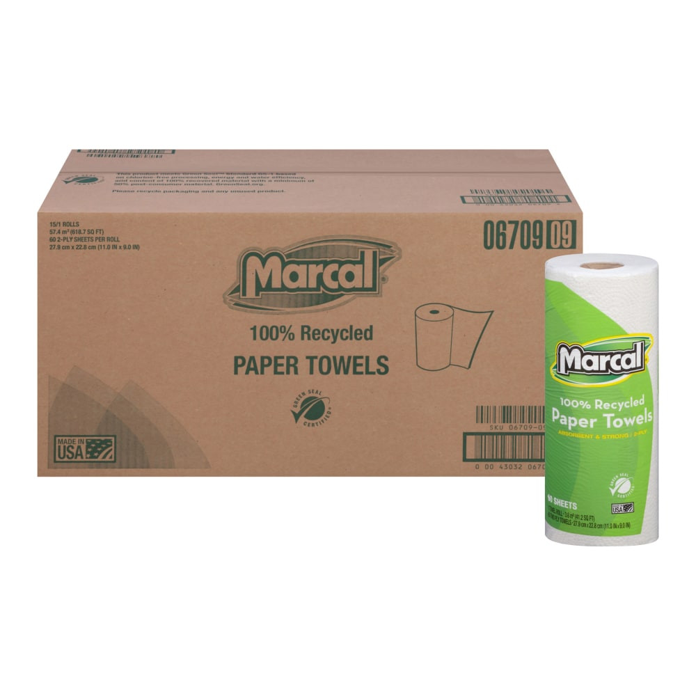 Take care of your place of business with Marcal Paper Towels. Tackling messes large and small is simple with these strong, absorbent sheets, and the quilted surface locks in moisture, leaving surfaces clean and dry as you work. With Marcal Small Steps recycled paper towels, the perforated sheets are easy to remove so that you can work quickly.  Made of strong, absorbent paper.  Quilted surface.  Perforated sheets.  Hypoallergenic.  Green Seal certified - reduced environmental impact from an overall lifecycle standpoint.  Less harsh chemicals - made with fewer harsh chemicals, or safer chemicals than typical alternatives, helping  reduce your use of and exposure to substances that may be more harmful to your health and the environment.  Contains Recycled Content - See Specs for Details.