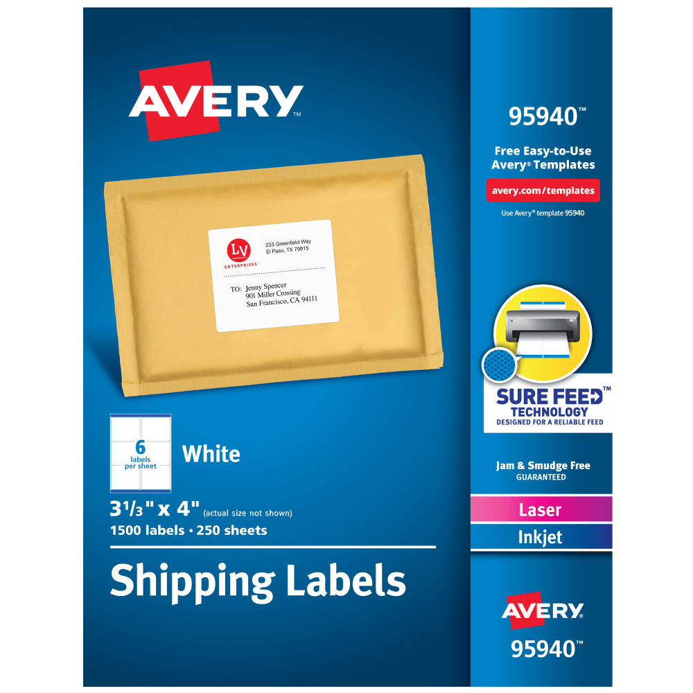 AVERY PRODUCTS CORPORATION 95940 Avery Shipping Labels With Sure Feed Technology, 95940, Rectangle, 3-1/3in x 4in, White, Pack Of 1,500 Labels
