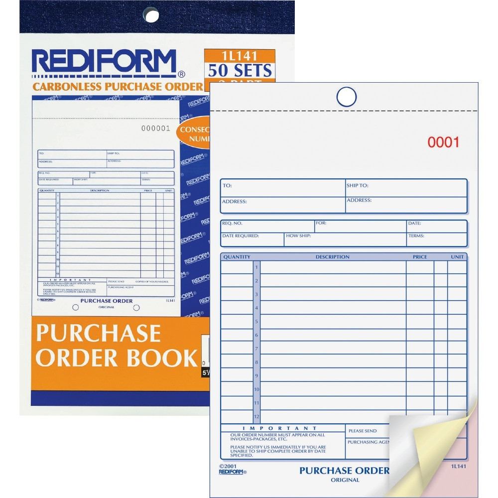 REDIFORM, INC. 1L141 Rediform 3-Part Carbonless Purchase Order Book - 50 Sheet(s) - 3 Part - Carbonless Copy - 5.50in x 7.87in Sheet Size - White, Canary, Pink - Blue Print Color - 1 Each