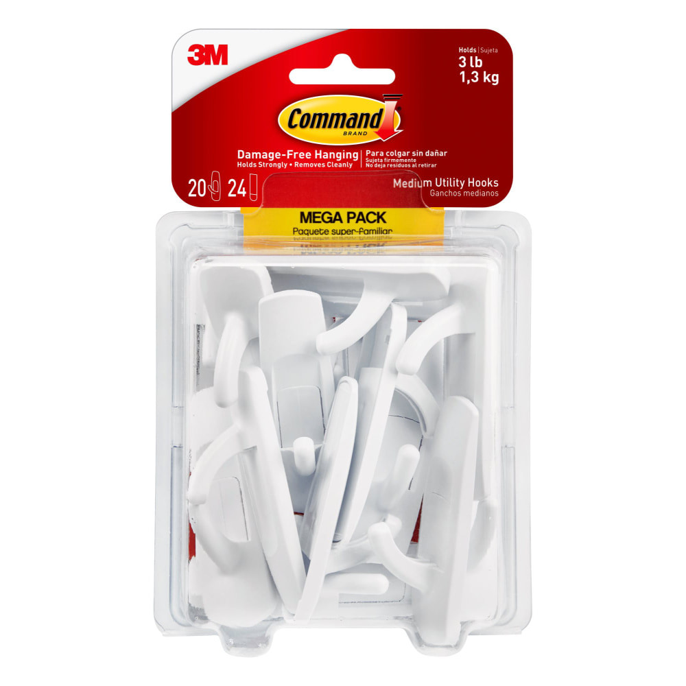 3M CO 17001-MPES Command Medium Utility Hooks, 20 Hooks, 24 White Adhesive Strips, Damage Free Hanging Picture Hangers, No Tools Wall Hanging Strips For Living Spaces