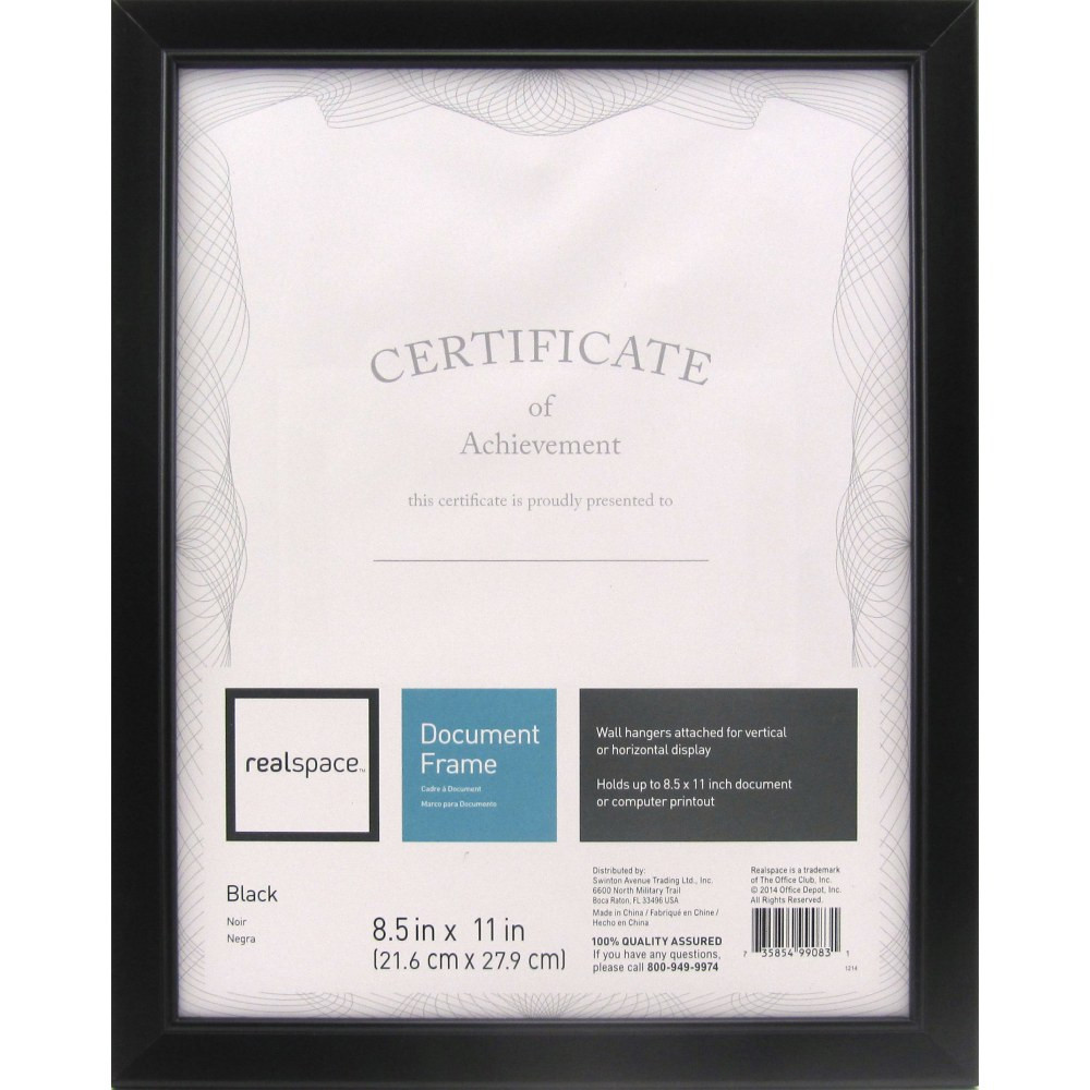 Showcase your favorite family picture or an important document that celebrates a milestone in your professional career with this stylish Realspace photo and document frame. The classic design fits in well with most any home or office decor.  Wood frame.  Glass face.  Displays horizontally or vertically.  Realspace Cornell photo and document frame holds 8-1/2in x 11in documents.  Includes 1 Realspace photo and document frame (8-1/2in x 11in) with a black finish.