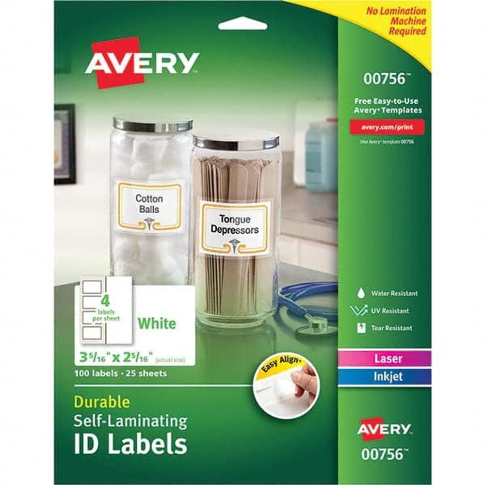 AVERY 00756 Label Maker Label: White, Paper, 3-5/16" OAL, 100 per Roll