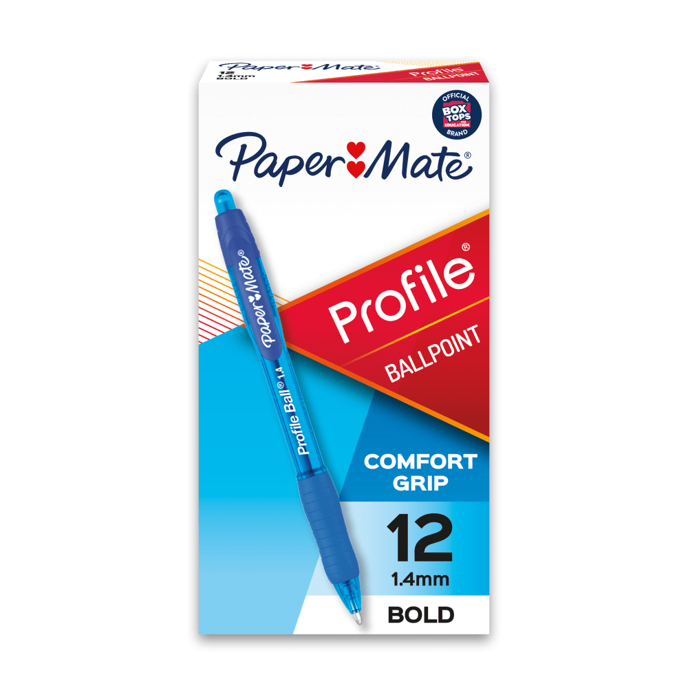 Choose these Paper Mate pens when smooth, comfortable writing is a must. The retractable tip helps keep your pockets, purses and bags protected, so its easy to carry with you wherever you go.  Profile retractable pens unite the smooth feeling of a gel pen with quick-drying, super-bold ink.  Click-advance retractable ballpoint pen tip helps protect pockets and purses.  Paper Mate pens with an extra-smooth writing system and soft comfort grips provide an easy writing experience.  Comes in a pack of 12 blue pens.