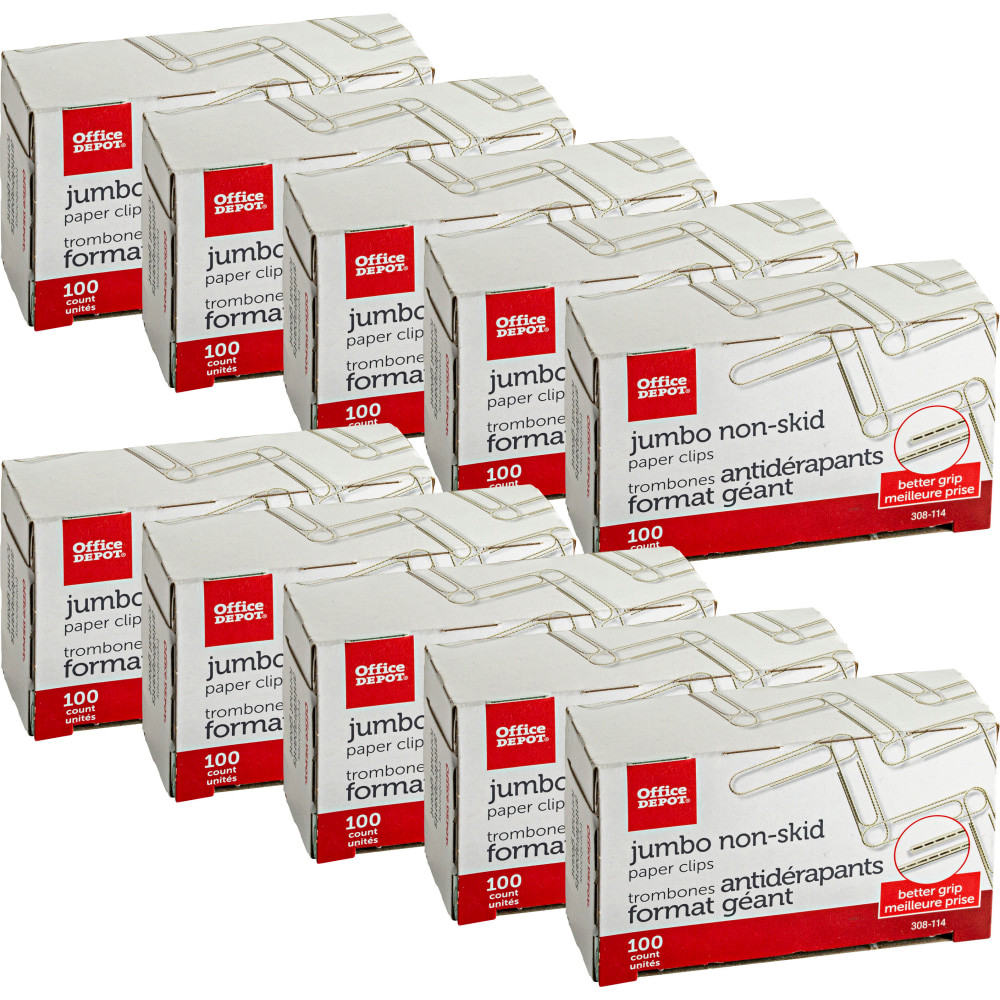 OFFICE DEPOT 10005  Brand Non-Skid Paper Clips, Jumbo, Silver, Pack Of 10 Boxes, 100 Clips Per Box, 1,000 Total