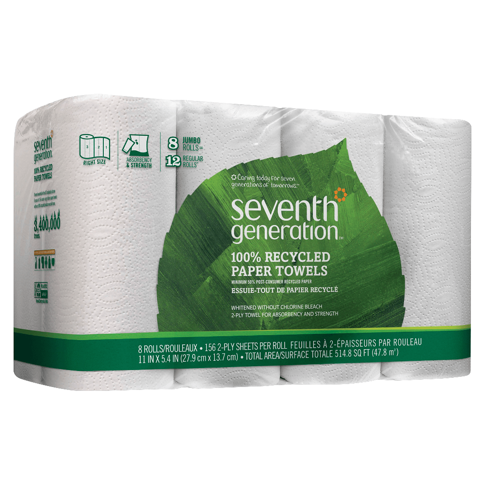 SEVENTH GENERATION, INC. 13739 Seventh Generation 2-Ply Paper Towels, 100% Recycled, 156 Sheets Per Roll, Pack Of 8 Rolls