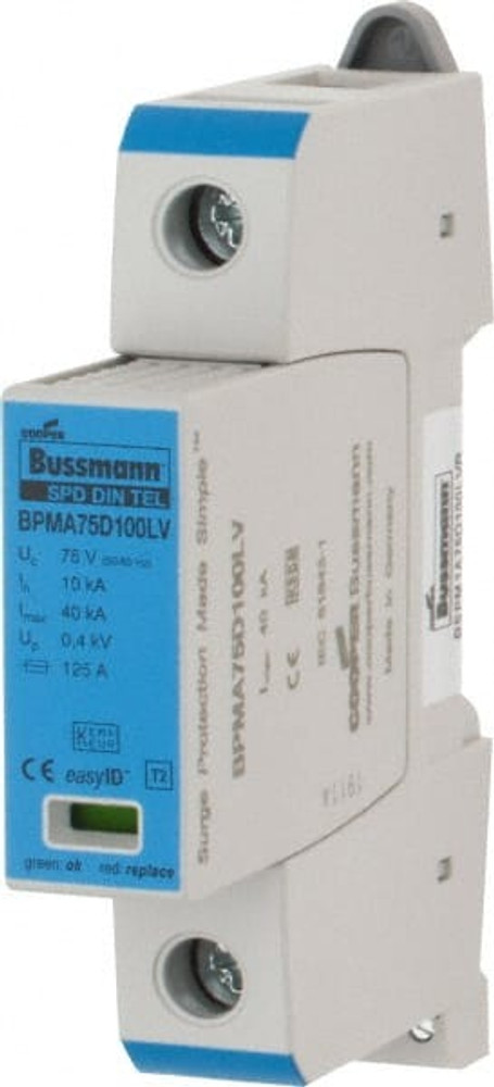 Cooper Bussmann BSPM1A75D100LVR 1 Pole, 1 Phase, 10 kA Nominal Current, 90mm Long x 18mm Wide x 65mm Deep, Thermoplastic Hardwired Surge Protector